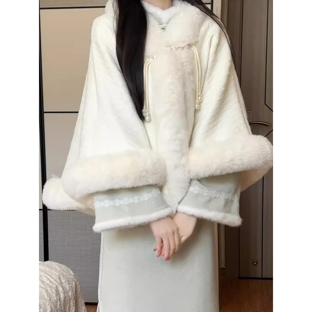 温柔仙女加厚斗篷披肩配旗袍秋冬文艺百搭保暖毛绒领外搭