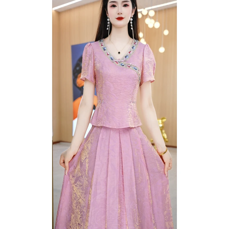 【上下套装】夏季新款V领气质减龄显瘦通勤两件套套装裙M-4XL