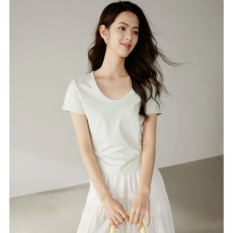 【断码清仓】2025夏棉质短袖圆领高弹软糯T恤女24121805