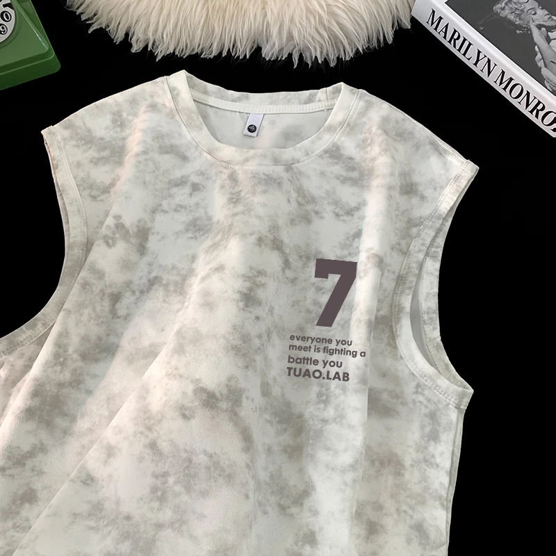 重磅扎染印花背心男士夏季美式复古青少年麂皮绒休闲无袖t恤男