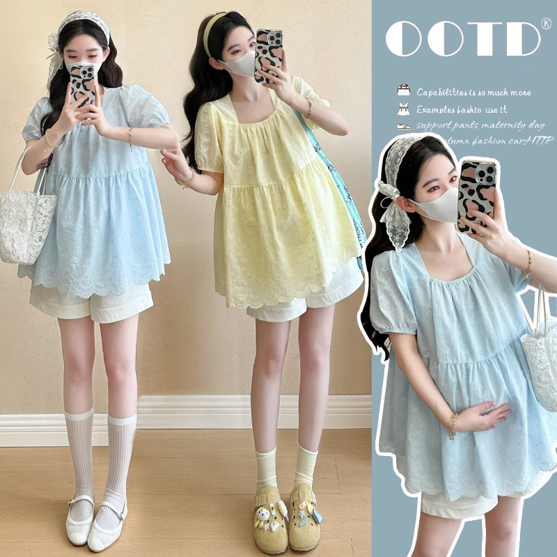 Y3942#5.82025夏季新款孕妇韩版蕾丝刺绣减龄娃娃衫上衣
