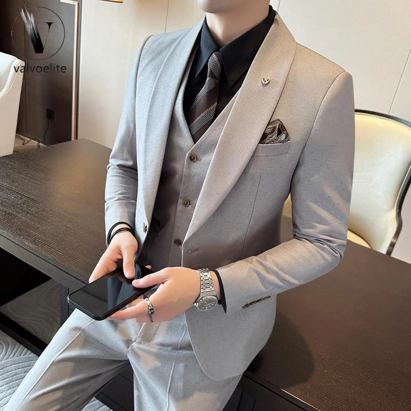 设计感青果领痞帅新郎结婚礼服男修身西服三件套夏季休闲西装套装