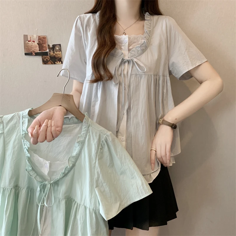 大码韩系木耳边拼接甜美假两件系带显瘦短袖衬衫女