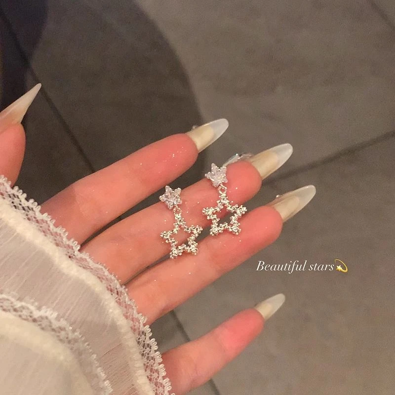 纯铜大理石耳饰 韩系爆闪锆石简约精致星星耳钉女轻奢高级感耳环