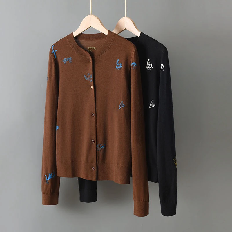 扬子纱极细精纺羊毛开衫女圆领刺绣100细羊毛针织外套薄款羊毛衫