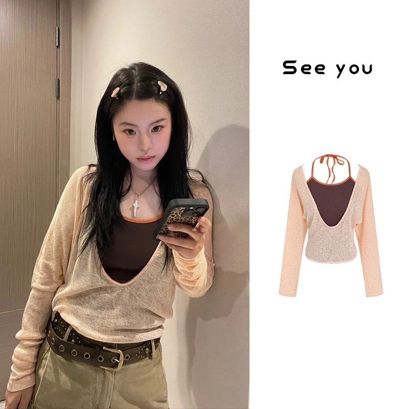 假两件拼接挂脖长袖罩衫设计感撞色防晒百搭上衣X3683