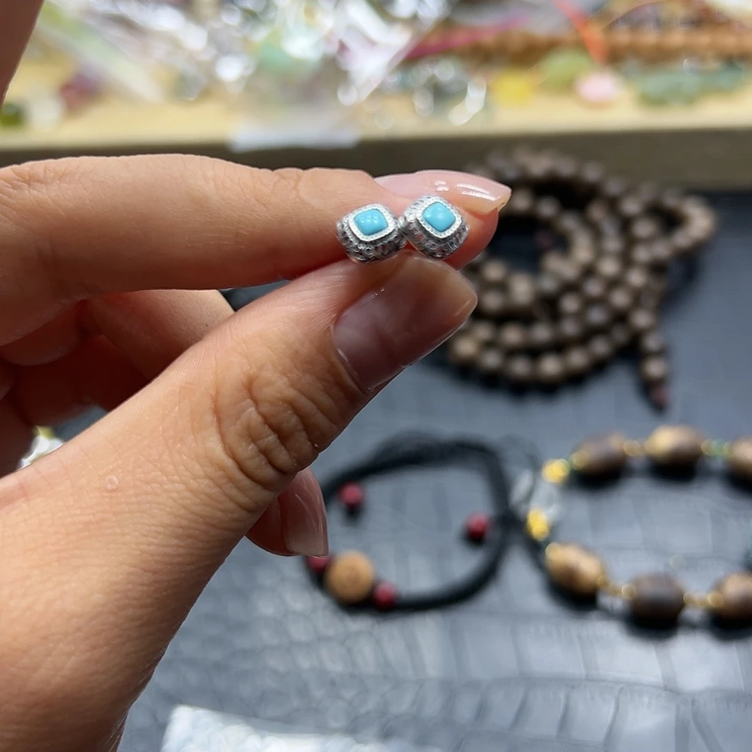 烟晶手链银S925镶嵌绿松耳钉