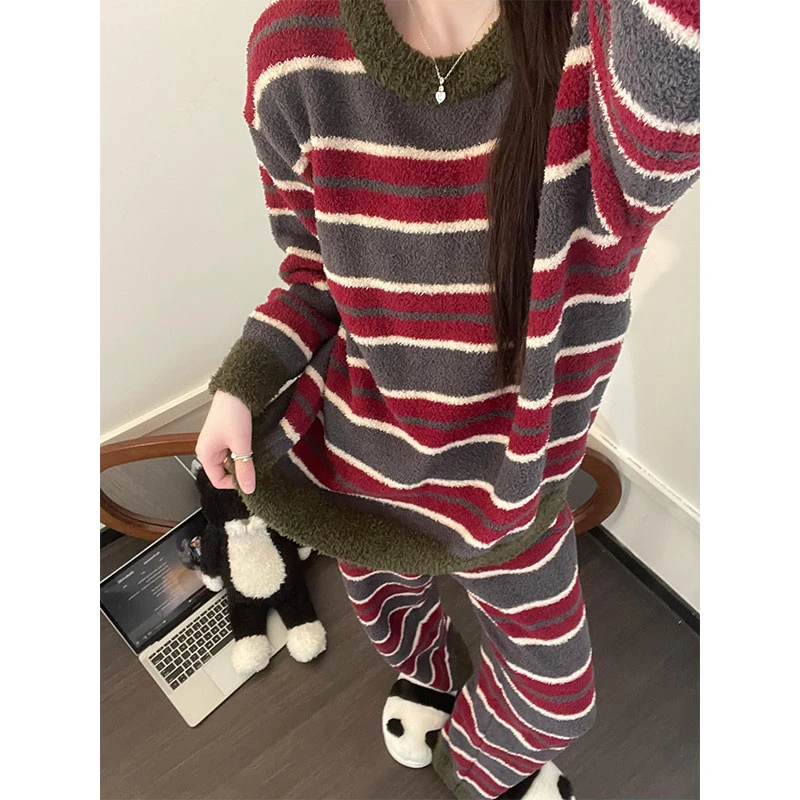 秋冬复古条纹针织半边绒睡衣女冬2025新款休闲保暖家居服大码套装