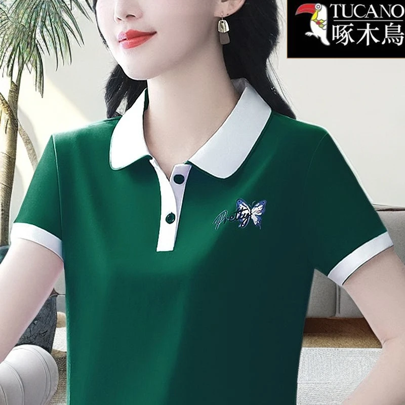 啄木鸟夏季薄款中年女装T恤2025年新款休闲大码显瘦翻领短袖上衣