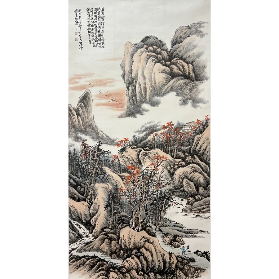郑春青先生 亲笔手绘 4尺整张浅绛山水 原作一张