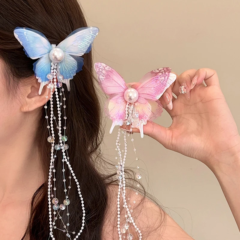 新中式民族风蝴蝶发夹女款流苏吊坠发饰网纱珍珠甜美小众拍照头饰