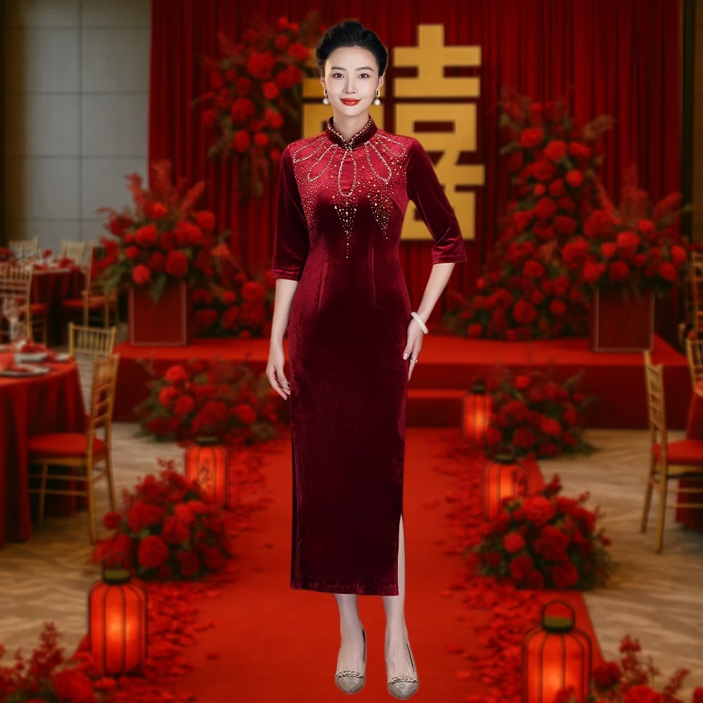 秋冬季高贵酒红色旗袍长款中式婚礼服大码宴会复古高贵喜妈妈旗袍