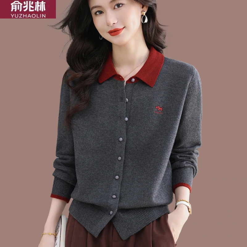 俞兆林高级感灰色针织开衫女短款气质小香风翻领羊毛衫上衣超火20