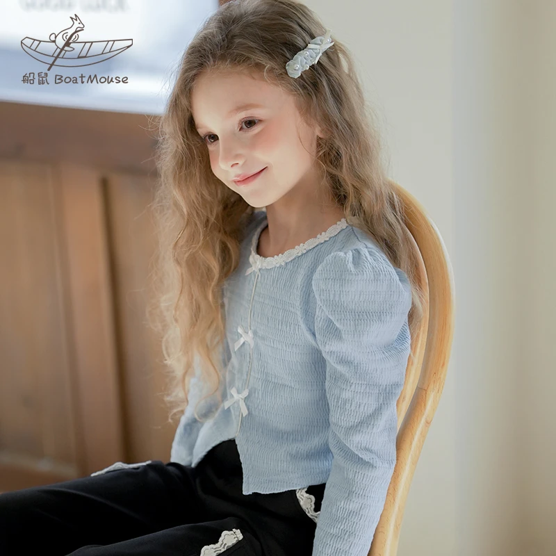 船鼠儿童长袖t恤短款女童上衣春装 泡泡袖小女孩时尚洋气韩版童装