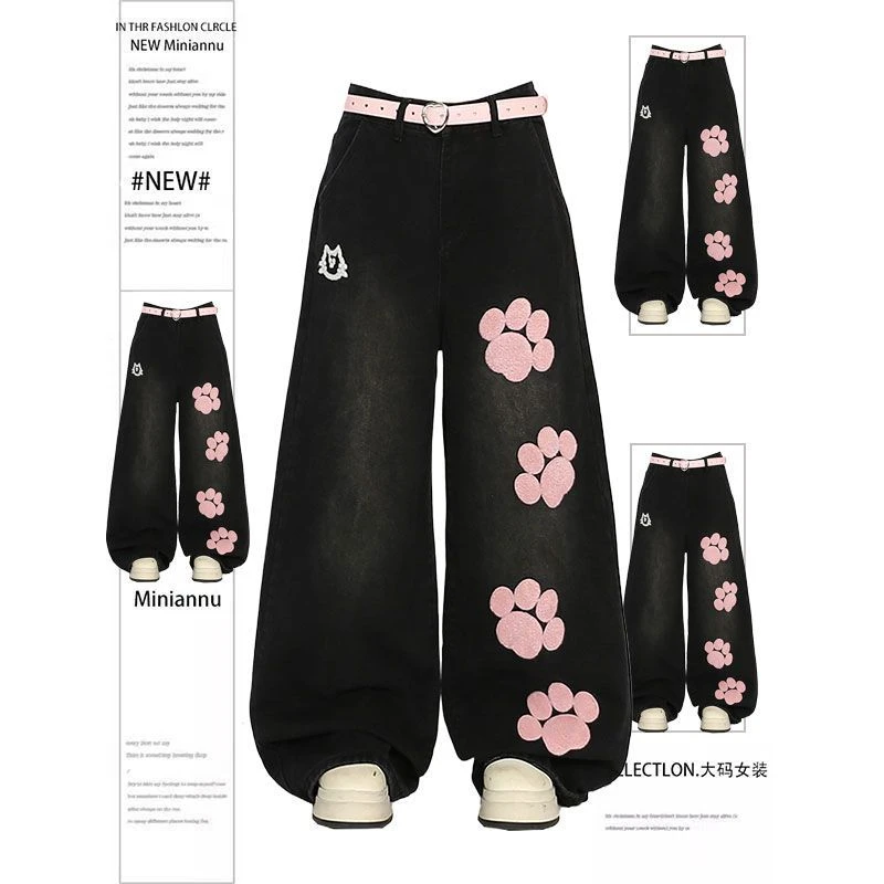 2-300斤特大码猫爪刺绣重工牛仔裤秋季男女复古休闲宽松阔腿长裤