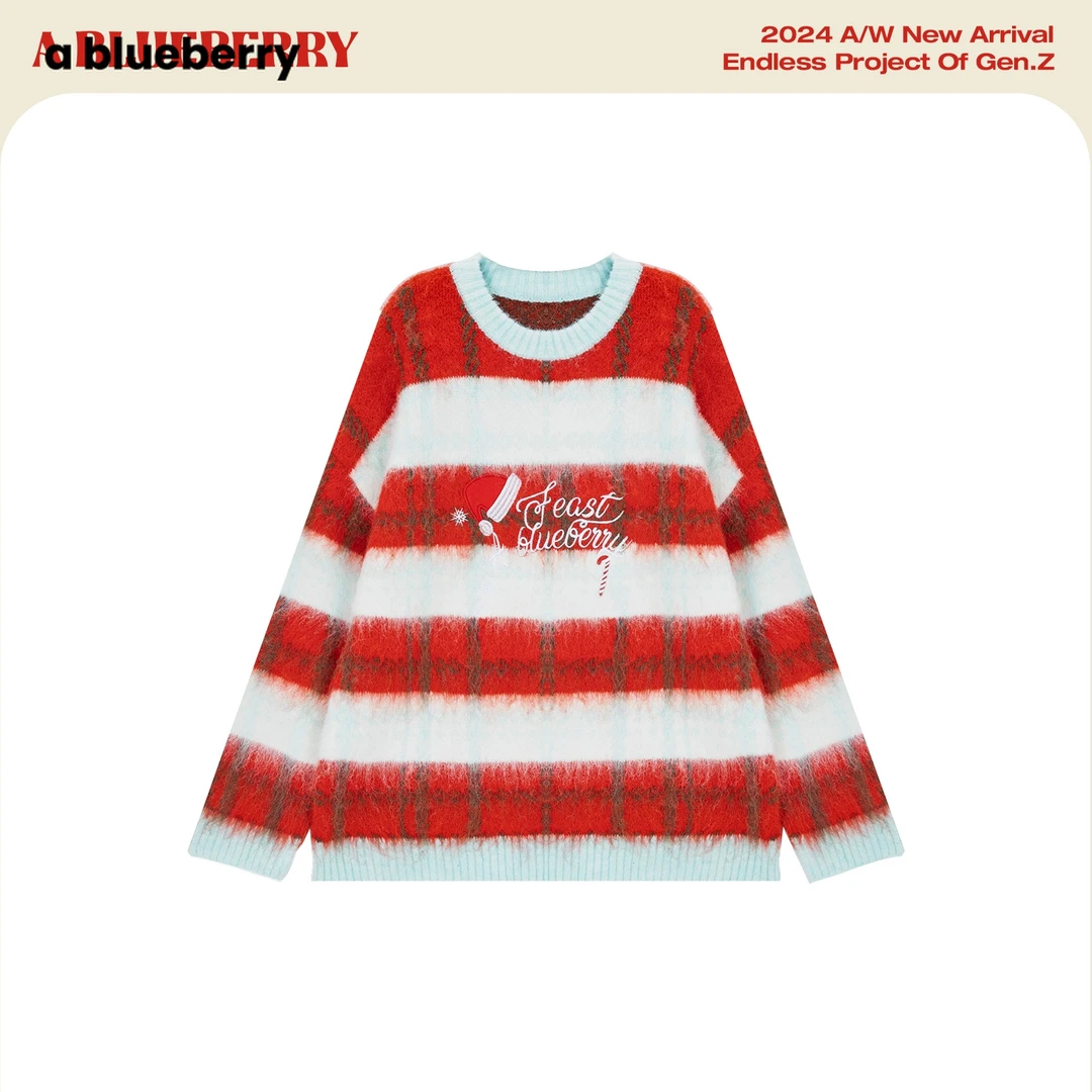 12.22 ablueberry & 圣诞红色条纹含羊毛毛衣女辣妹甜酷韩版上衣