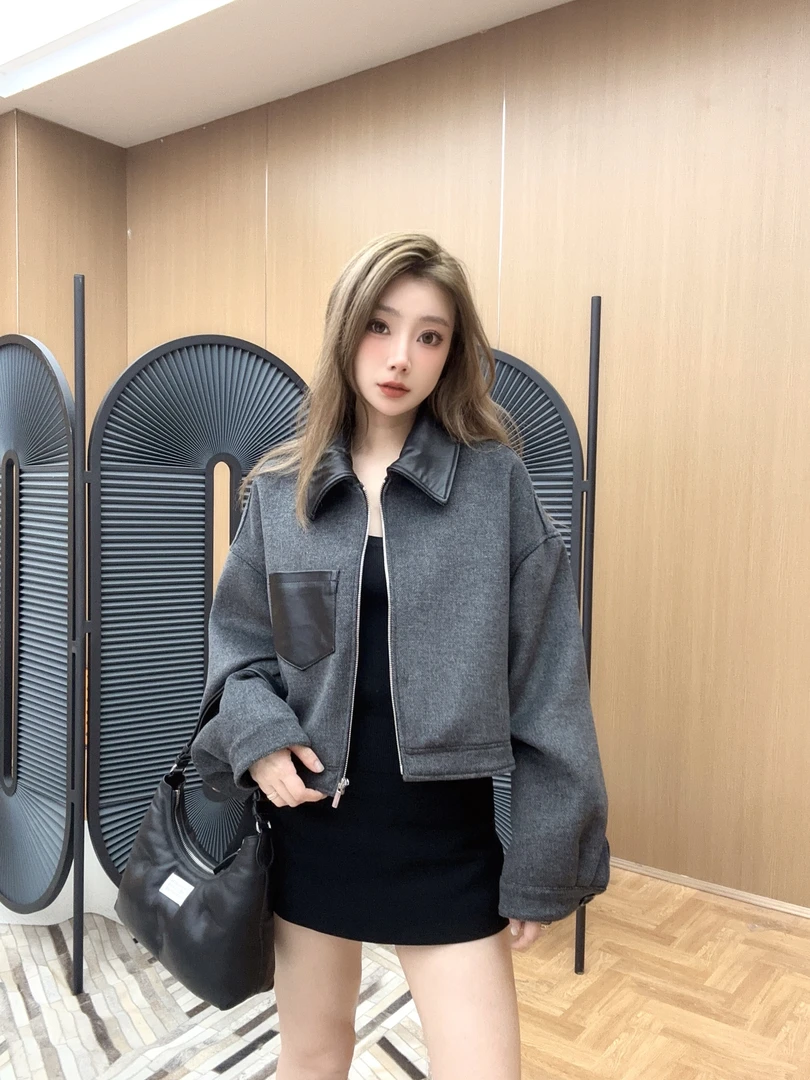 Qixiaoyao 新款设计师款配皮短款大衣#1-GR50662L