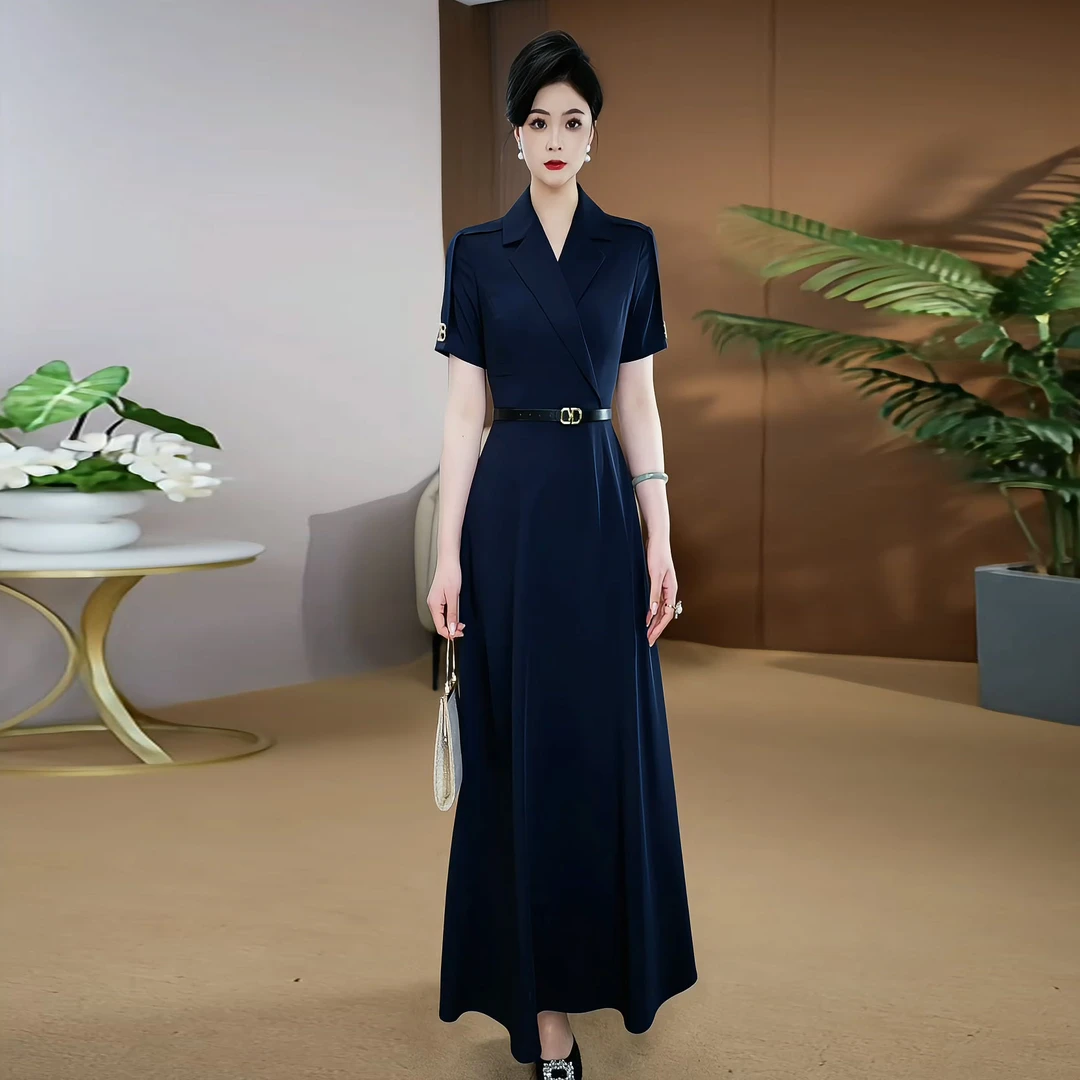 【现货】藏蓝色双侧口袋连衣裙2025夏新款收腰显瘦端庄大气长裙033