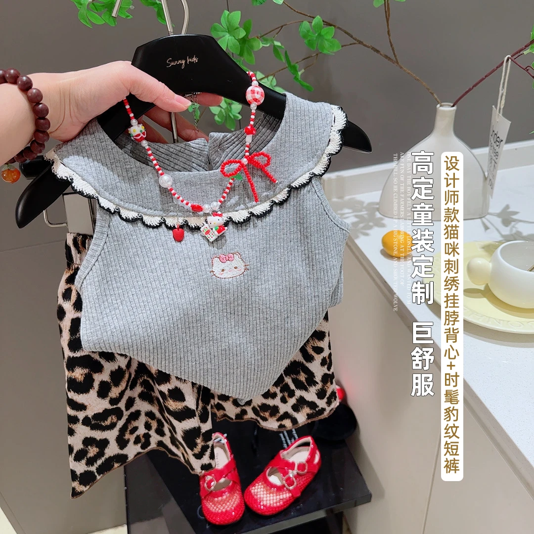 女童夏季套装纯棉上衣儿童刺绣KT猫咪时尚豹纹短裤两件套