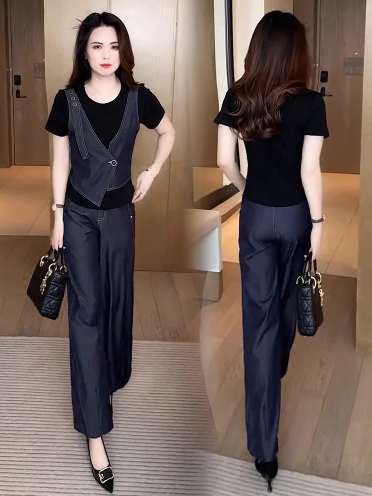 时尚休闲牛仔套装女2025夏季新款洋气假两件短袖T恤阔腿裤两件套