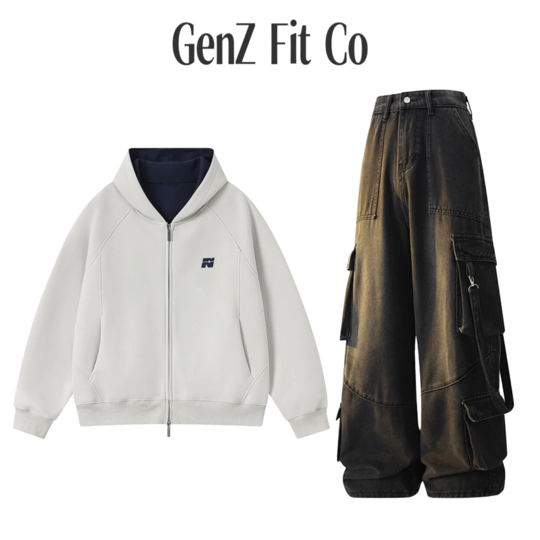 GenZFitCo连帽撞色拉链秋季拼接ins宽松卫衣情侣工装风少年感套装