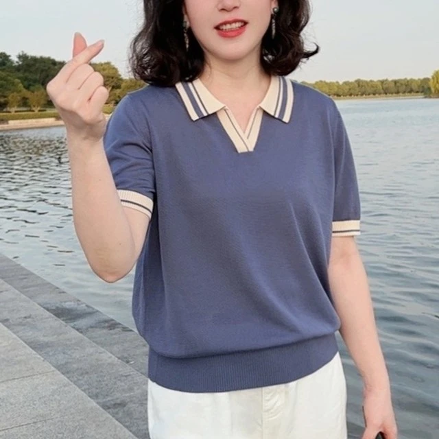 中年女装休闲Polo领短袖针织衫T恤2025夏季新款拼色百搭洋气上衣