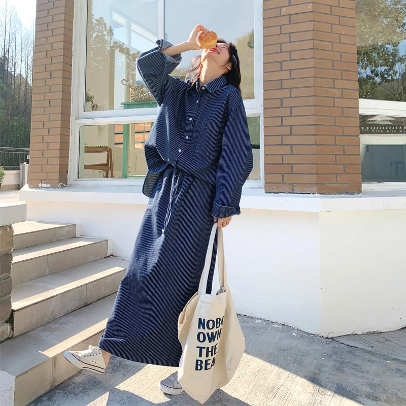 条纹衬衫半身裙套装女2025早春新款韩系穿搭简约松弛感显瘦两件套