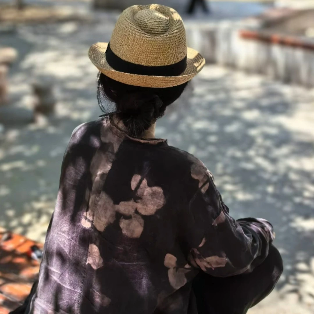 沉香布衣草堂几见 花卉涂鸦圆领单排扣文艺宽松衬衫衬衣W31131-2