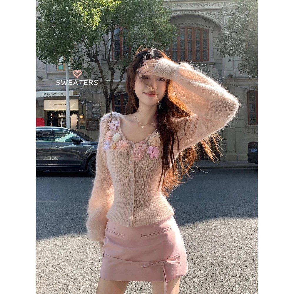 花开半夏 手工订花针织开衫女春季打底绝美毛衣上衣35900