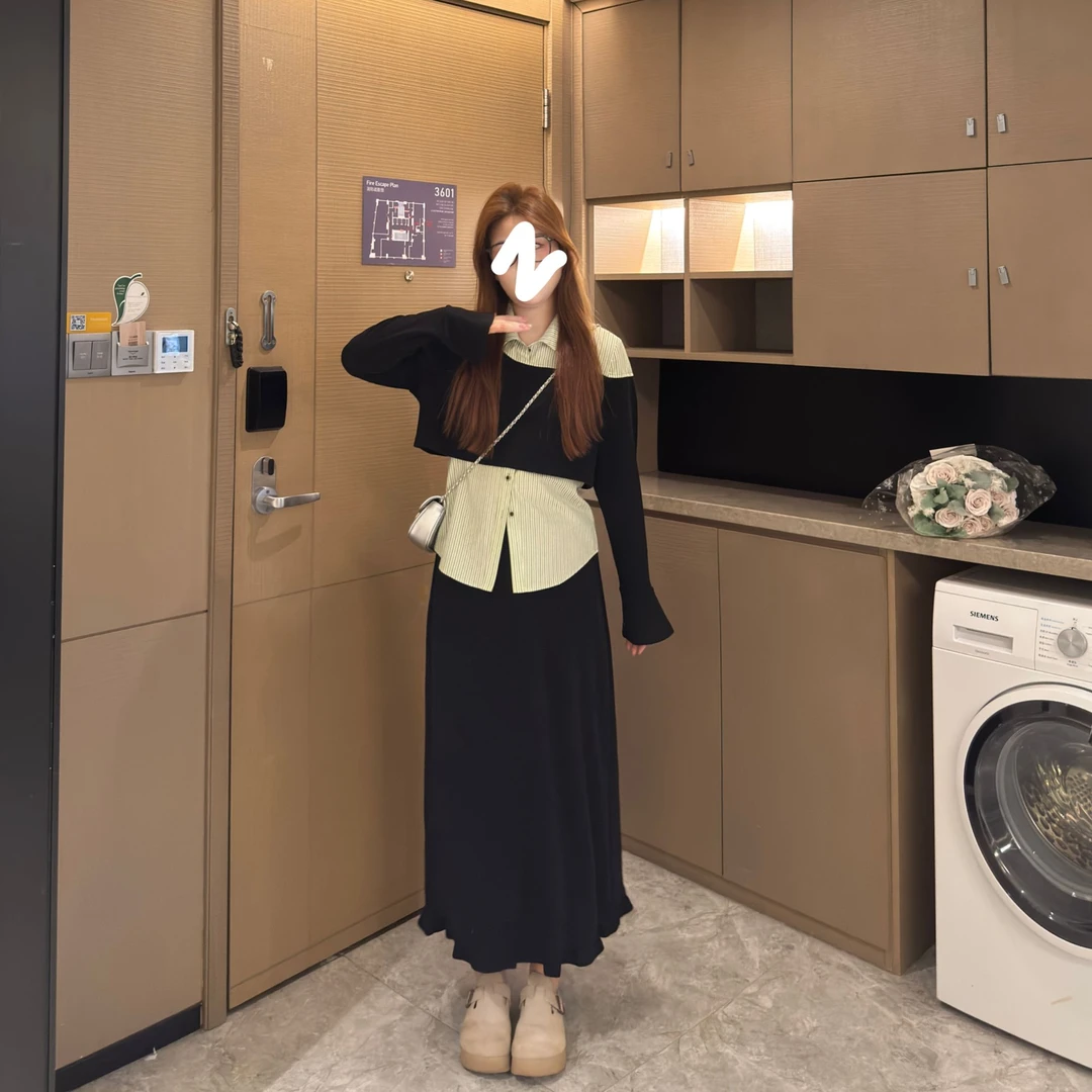 盈盈&南岛风大码女装针织假两件上衣胖mm春秋休闲半裙套装ZYY1466