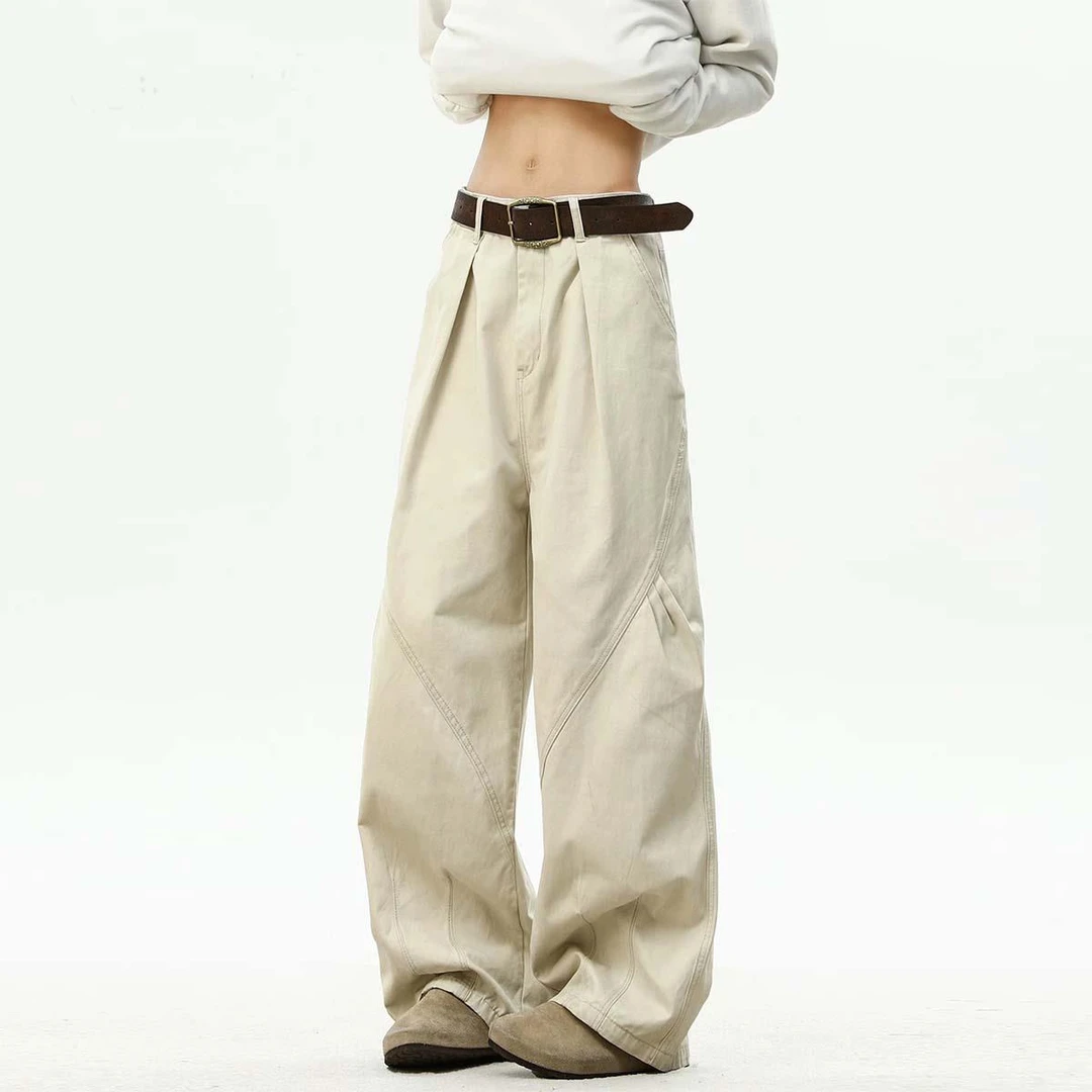 【网红炸街】美式杏色弯刀裤子男款2025春秋季宽松日系工装直筒阔