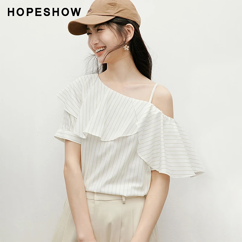 红袖2025夏季新款女装 复古条纹直身不对称领套头上衣90125142003