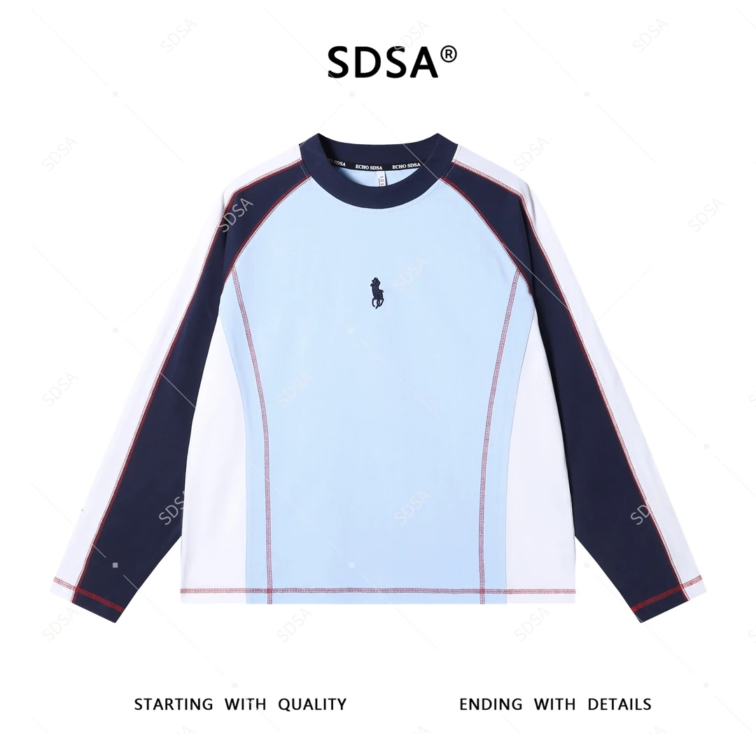 SDSA男士秋冬新款轻奢痞帅男装缝线拼接刺绣标圆领长袖T恤休闲潮