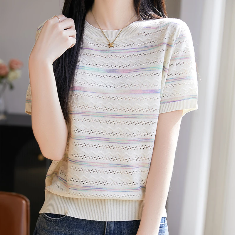 莱赛尔天丝短袖t恤女2025新款显瘦条纹女夏季薄款冰丝针织衫上衣