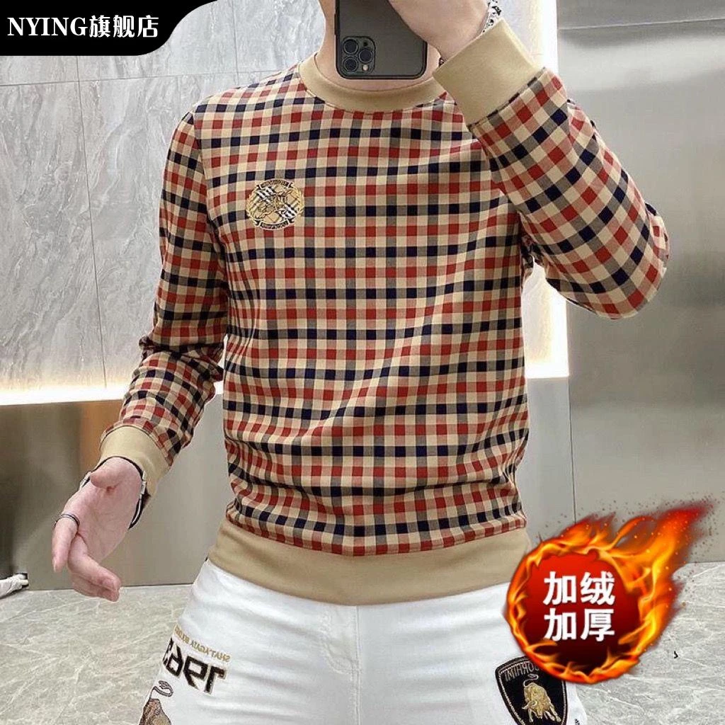NYING欧洲站正在冬时尚休闲男青年格子套头上衣印花打底新品长袖
