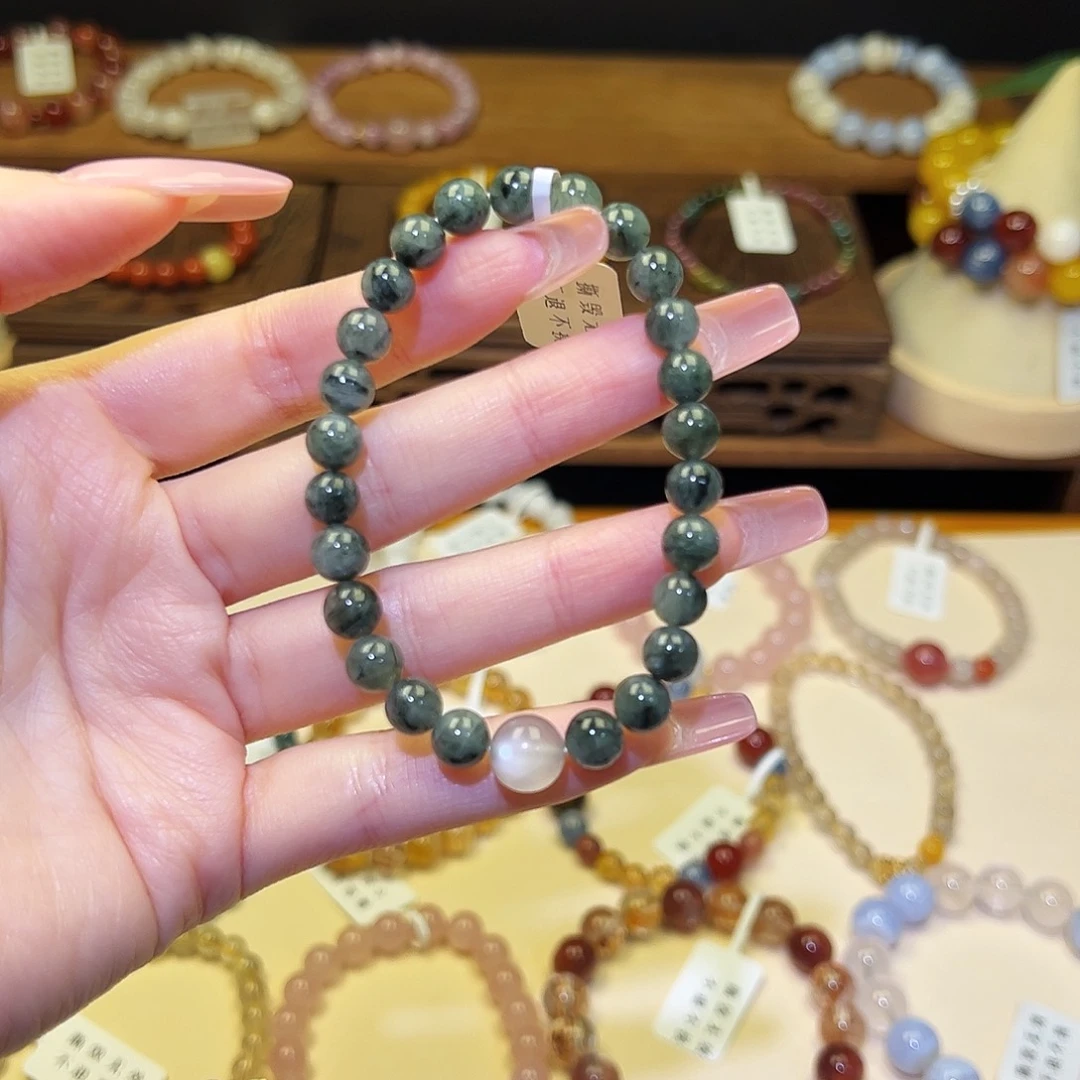 银S925镀金镶嵌手串水晶绿发2086