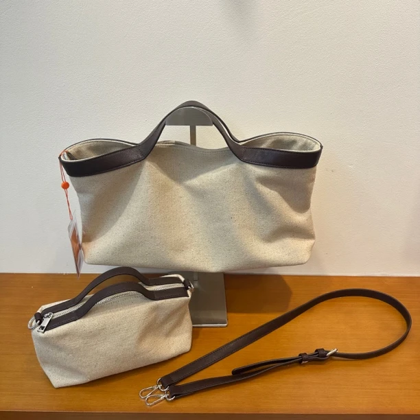 法式亚麻印字做旧撞色拉链手提包简约女士大号肯豆风