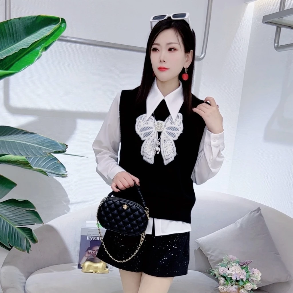 A7830+A7831新款时尚设计感针织马甲衬衫两件套无袖背心外穿毛衣