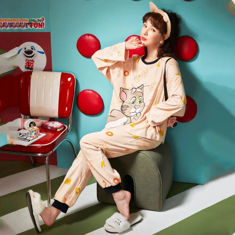 郑小姐~100%纯棉长袖女圆领卡通猫套头睡衣家居服套装时尚春秋季