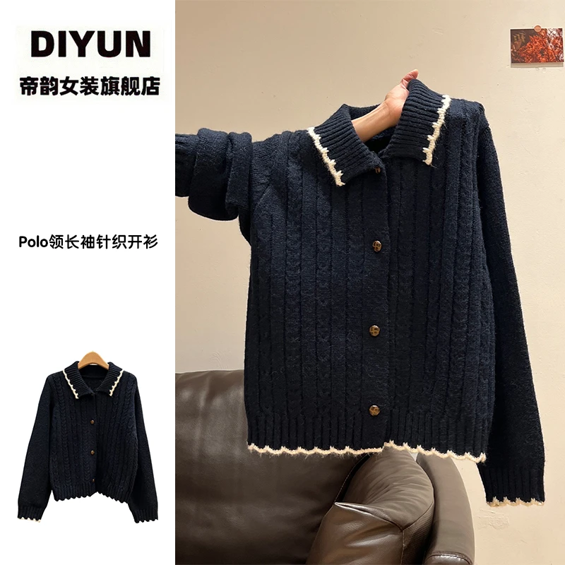 【帝韵】学院风Polo领保暖毛衣女秋冬宽松慵懒风北极绒针织开衫外套