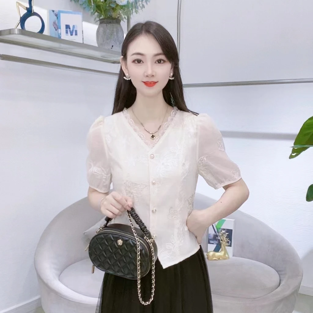 A8281夏季新款显瘦短袖法式减龄洋气设计感衬衫上衣