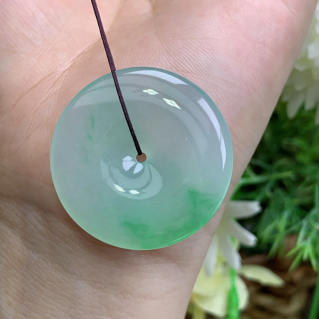 缅甸天然翡翠A货玉石冰种起胶飘阳绿平安扣吊坠钟尺31.2/5.6mm