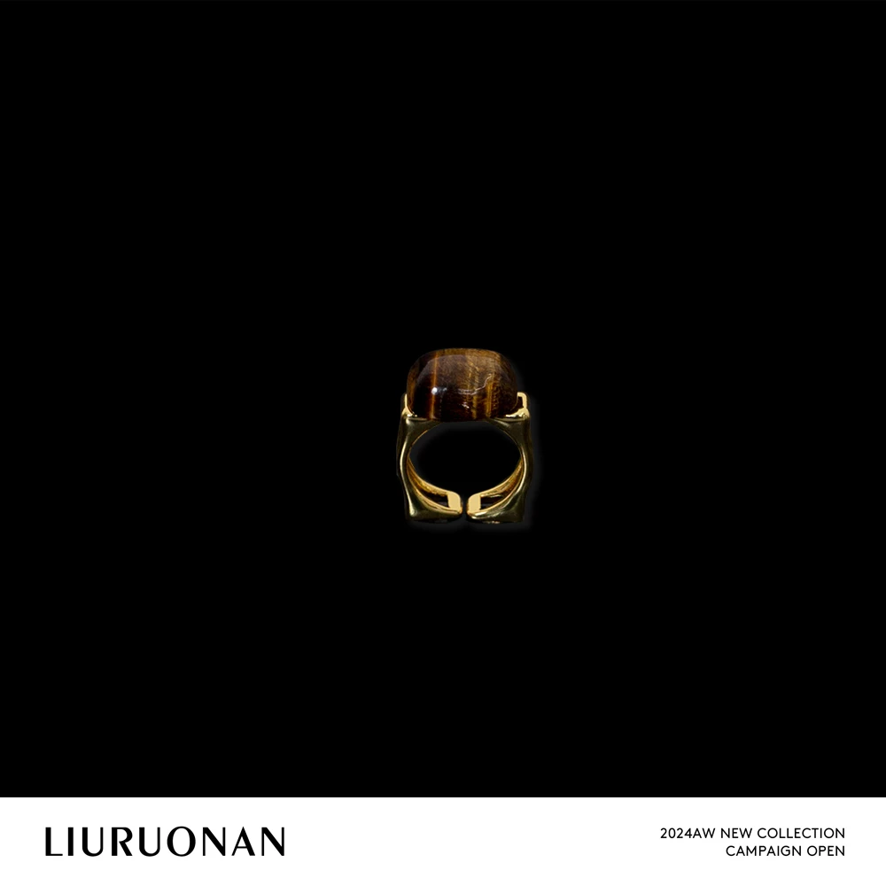 铜合金戒指 LIURUONAN 24JJ 复古Vintage天然虎眼石镶嵌开口戒指