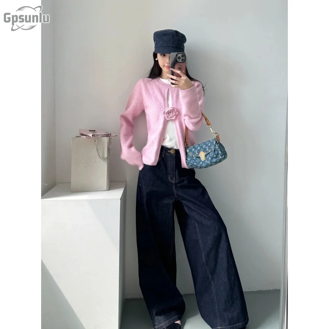 gpsunlu一套完整服装秋季温柔的玫瑰韩国针织牛仔裤套装高腰女