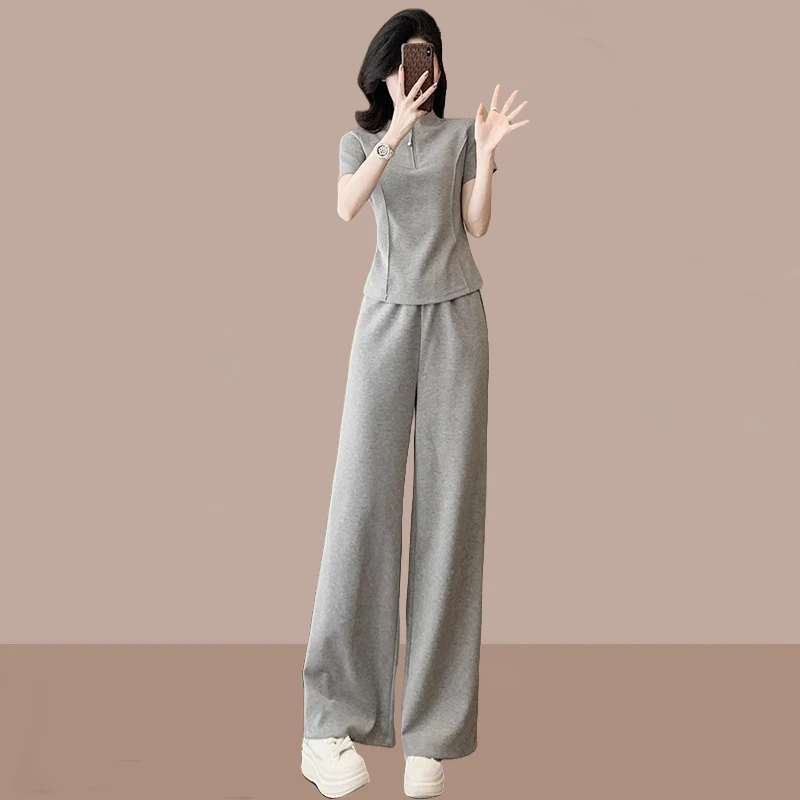 休闲运动服套装女2025夏季新款时尚显瘦减龄正肩短袖阔腿裤两件套