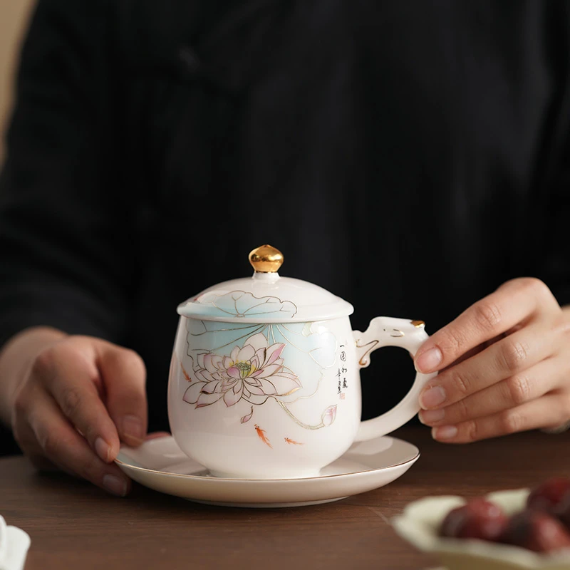 羊脂玉陶瓷带盖马克杯办公室个人专用泡茶咖啡杯水杯女士杯子定制