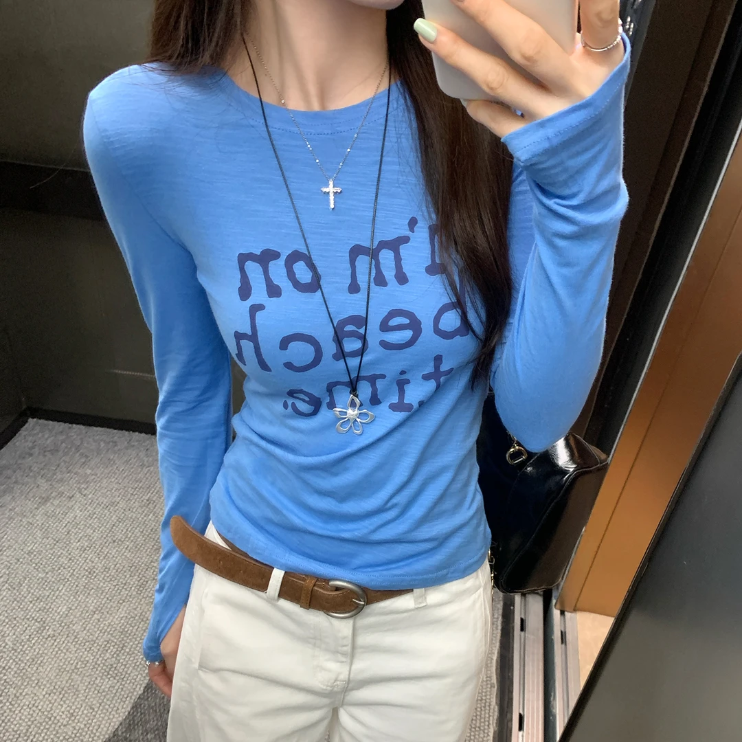 独特超好看蓝色个性字母印花圆领正肩长袖T恤女2025秋季新款上衣