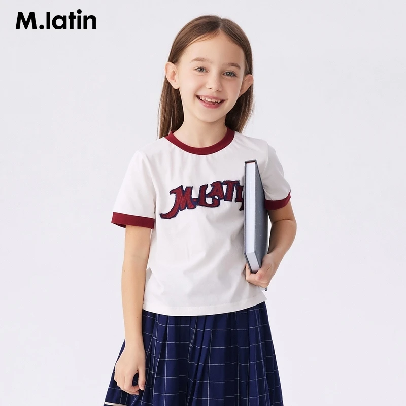 马拉丁童装儿童T恤女童大童撞色罗纹短袖T恤