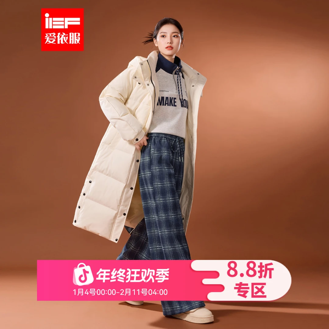 IEF/爱依服裤子2025冬季新款韩版时尚休闲复古格子加绒保暖阔腿裤