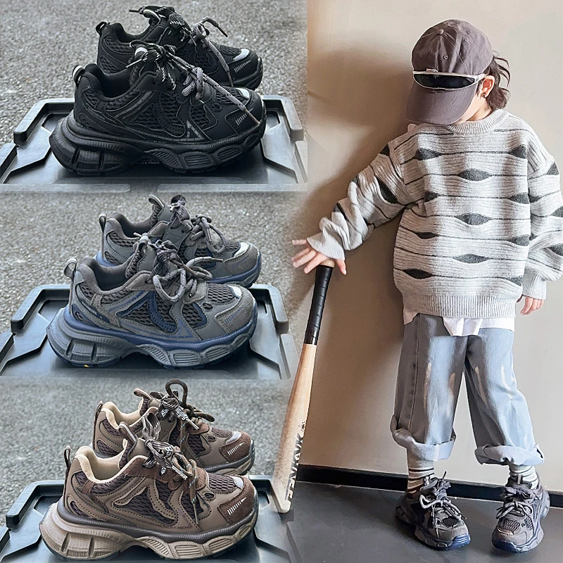 儿童运动鞋女网面透气男童老爹鞋皮面秋冬加绒女童棉鞋春秋网鞋